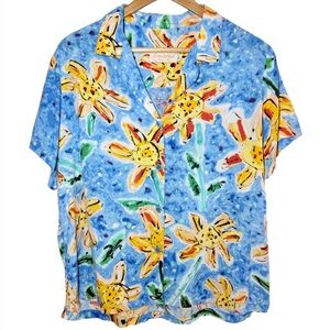 Jams World Hawaiian Button-Up Sunflowers Blouse Size Large Short Sleeve